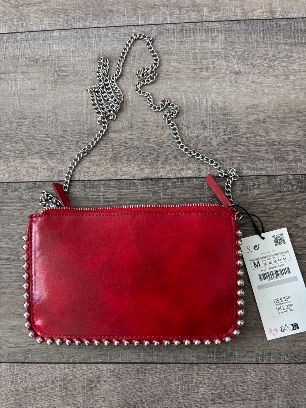 Zara Red Stud-Trim Chain Crossbody Bag/Clutch